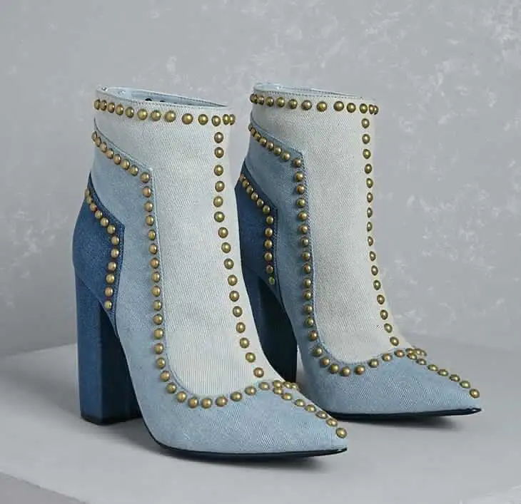 

Women Patched Light Blue Denim Ankle Boots Pointed Toe Golden Rivets Studs Line Ladies Chunky Heel Boots Cowbboy Back Zip Botte