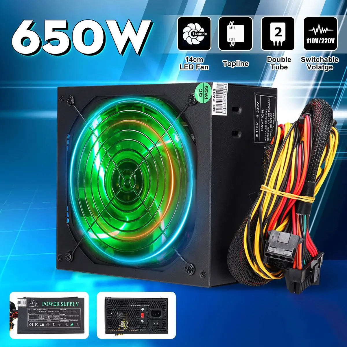 650 W وحدة إمداد الطاقة للكمبيوتر مع 14 سنتيمتر LED مروحة كاتمة للصوت 110 ~ 220 V 24 دبوس PCI SATA ATX 12 V PC مصدر إمداد الطاقة لسطح المكتب
