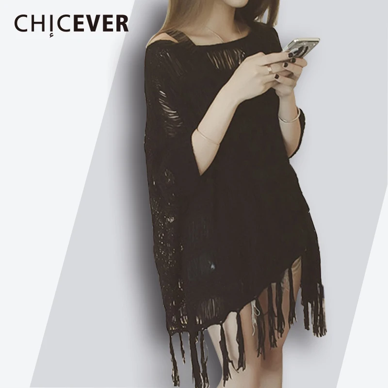 

CHICEVER 2019 Spring Summer Knitting Women Sweater Jumper Tassel Top Pulllovers Half Sleeve Loose Big Size Female Sweaters New