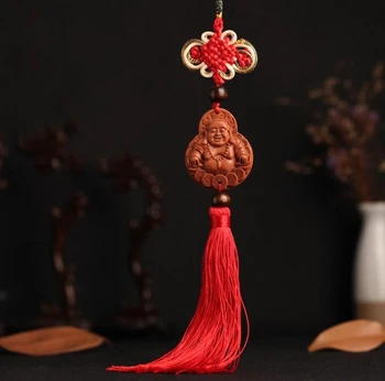

Chinese Peach Wood Carved Coin Money Maitreya Buddha Safe And Good Luck Card Exquisite Car Interior Trim Pendant