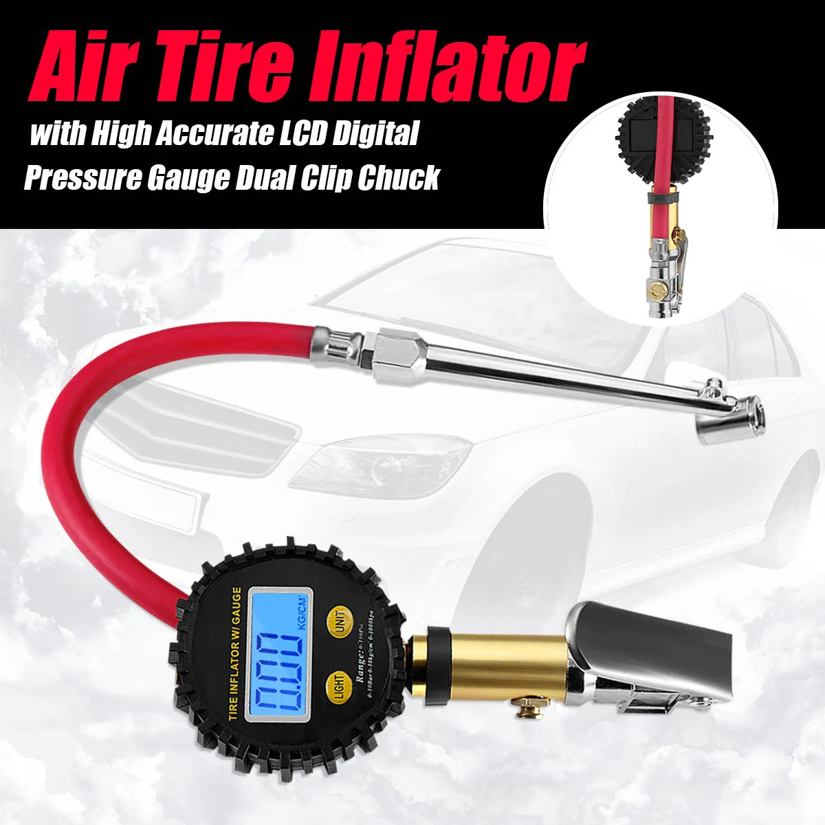 

Air Tire Inflator with High Accurate LCD Digital Pressure Gauge Dual Clip Chuck