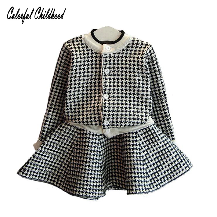 

2018 New Girls Clothes Sets Fashion Plaid Cardigan Knitted Coat+tutu Skirt 2 Pieces Sets For Kid Girls Autumn Sweater Skirt Sets