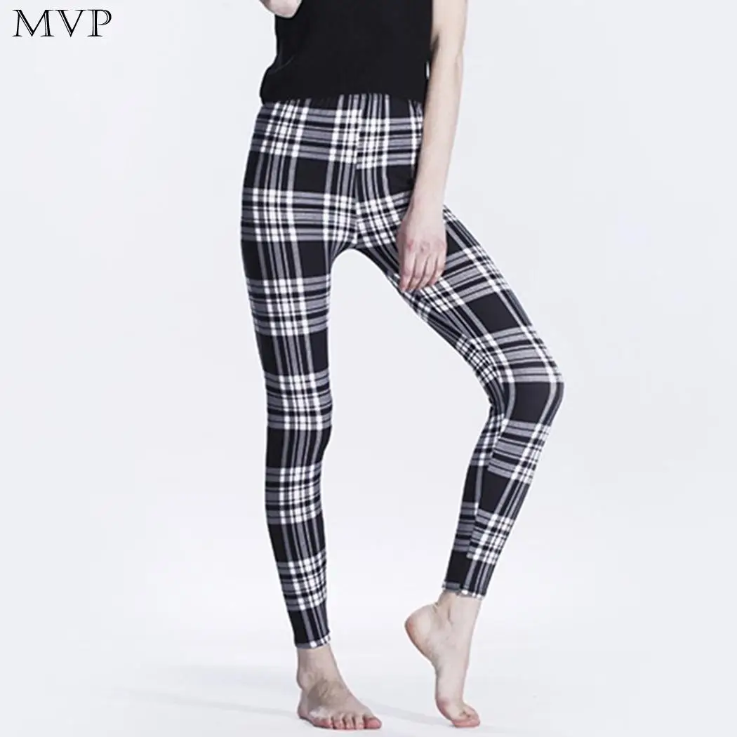 

Women Casual Contrast Color Girds High Waist Elastic Long Slim Legging Pants
