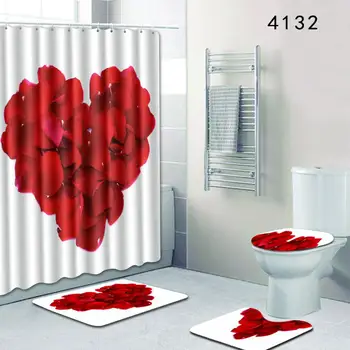 

AsyPets Loving Heart Pattern Shower Curtain Bath Mat Toilet Rug Cover for Bathroom