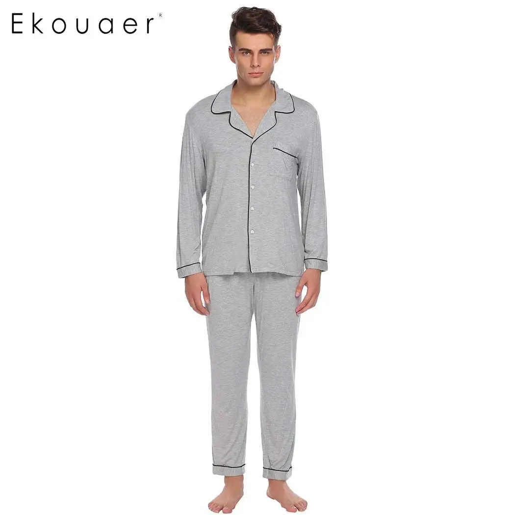 

Ekouaer Men Sleepwear Pajama Sets Long Sleeve Shirts with Elastic Waist Long Pants Pajama Set Male Nightwear Home Wear Clothing