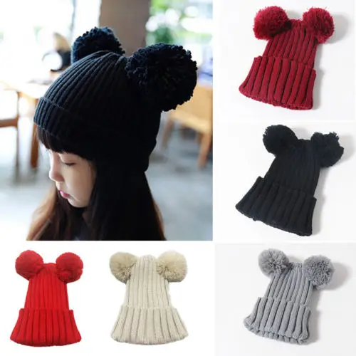 

Winter Newborn Baby Winter Hat Ball Pompom Kids Girl Boys Mouse Ear Knitted Wool Cap