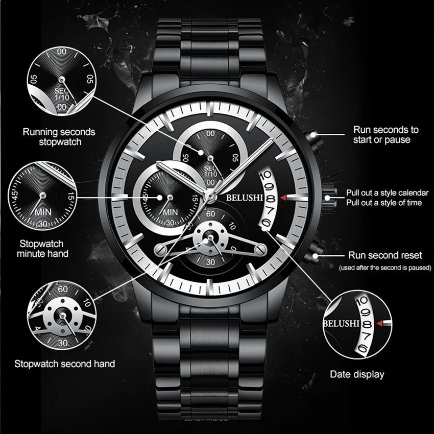 Belushi  Mens Watches Top Luxury Brand SLilver Watch Men Relogio Masculino Military Army Analog Quartz Wristwatch Montre Homme