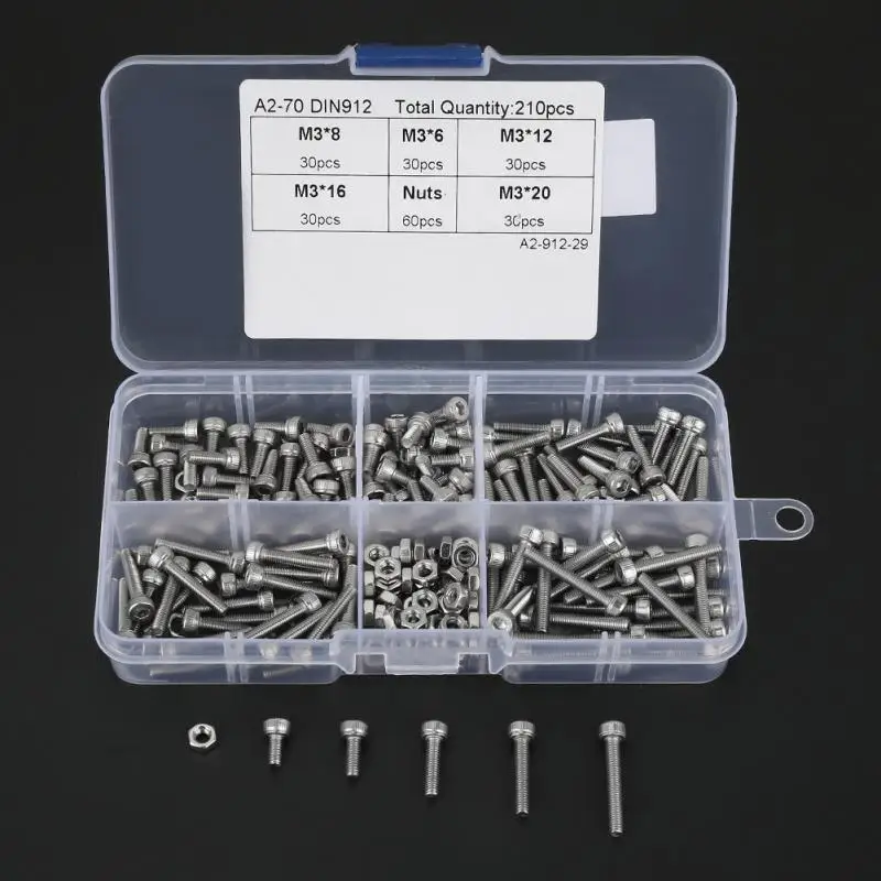 

210Pcs M3 304 Stainless Steel Bolts and Nuts kit Cup Head Hex Socket Bolt Screws Nuts Assortment Kit w/ Box parafusos