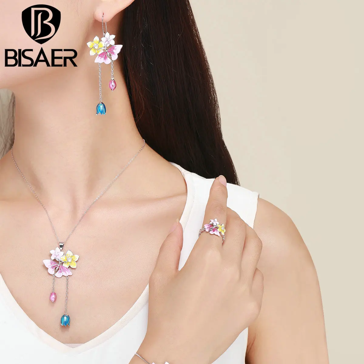 

BISAER Cooper Dazzling Colorful Flower Shape Stud Earring&Bracelet & Necklace& Rings Fashion Jewelry Set For Women Gift HP173