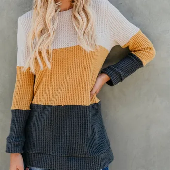 

Women Contrast Color Loose Pullover Sweater Lady Warm Autumn & Winter Jumper Knitwear 2019 Casual Long Sleeve O-neck Top Sweater