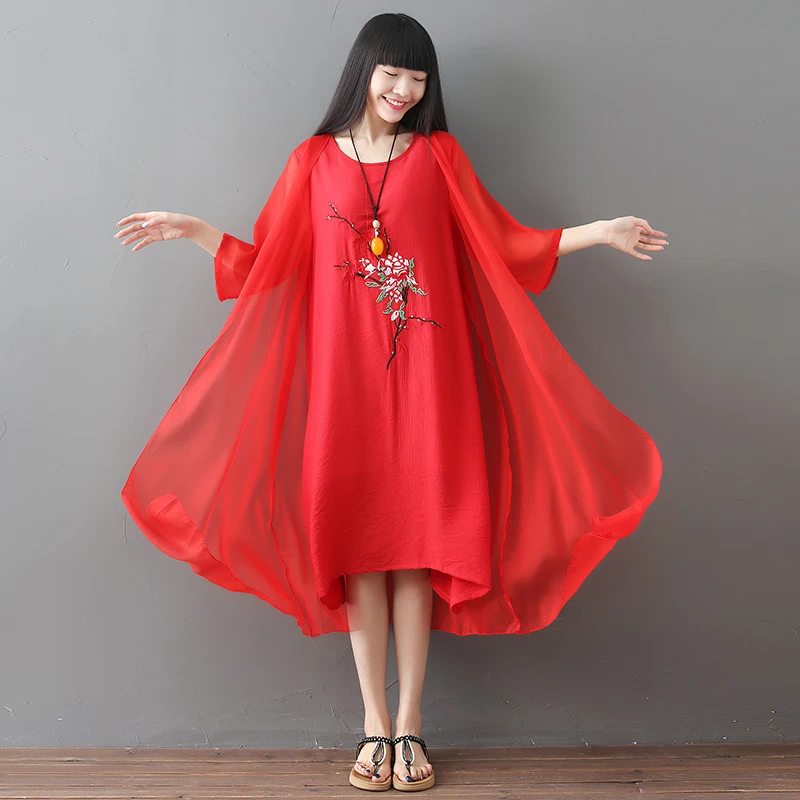 

Chinese Style Spring Summer O-neck 3/4 Sleeve Dress Women Casual Vintage Floral Embroidery Dresses Sundress Vestidos