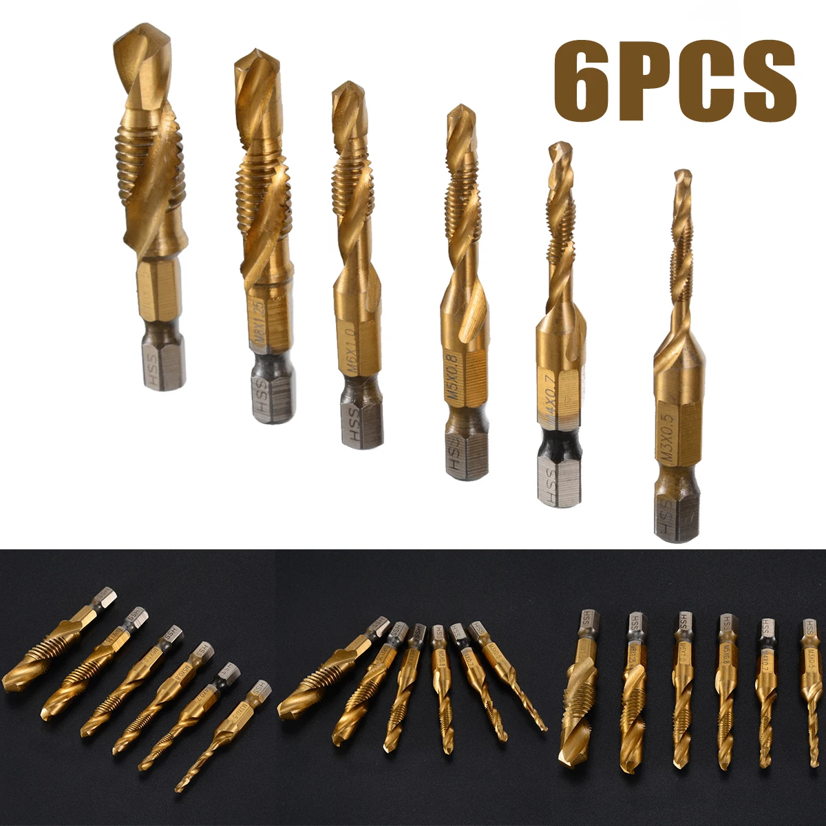 

6pcs New Hex Shank Titanium Plated Screw Thread Drill Bits Compound Tap M3 M4 M5 M6 M8 M10 Drilling Bit Set Hand Tools