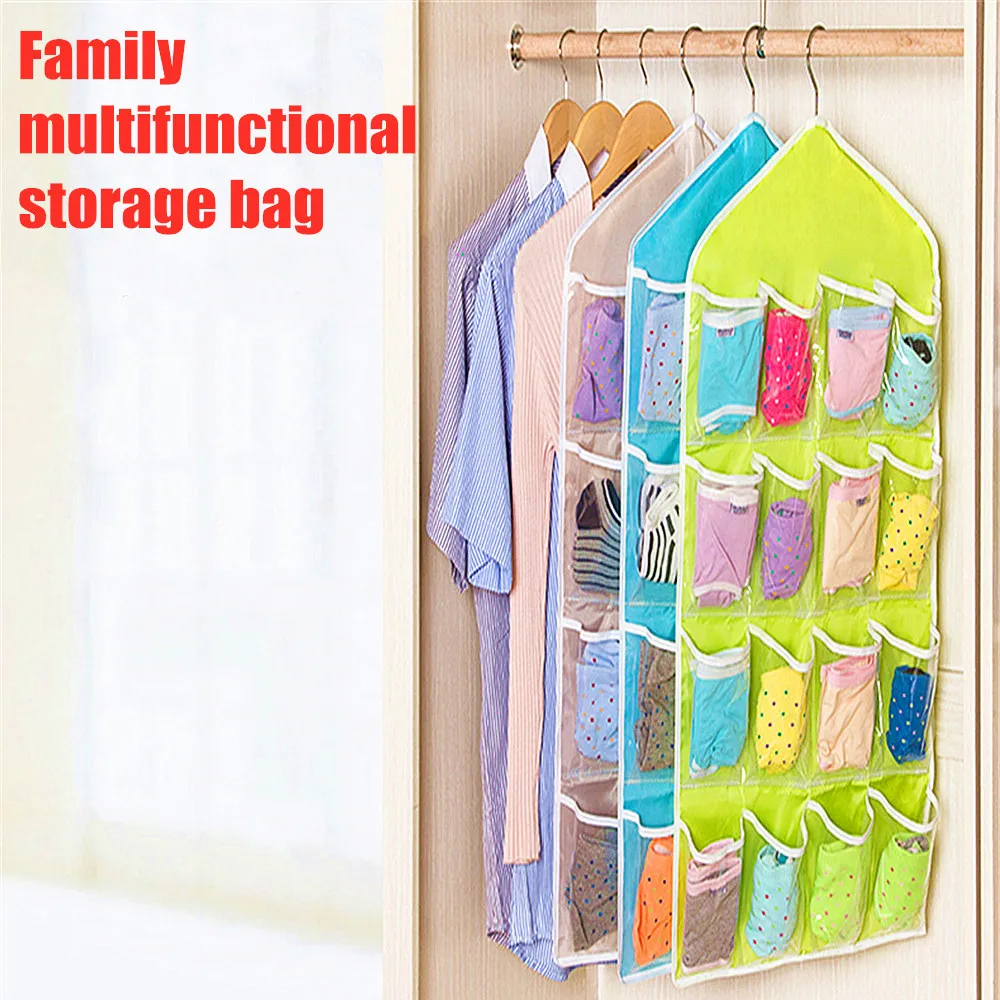 

16 Pockets Clear Hanging Wardrobe Bag Socks Bra Underwear Rack Protect Dirt Bacteria Polyester Hanger Storage Organizer