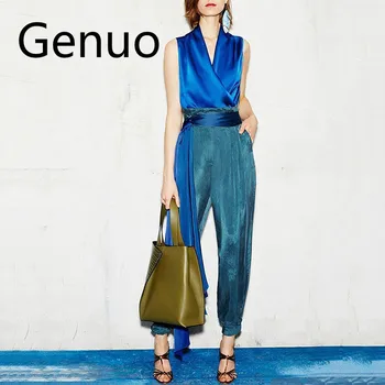 

Spring Women's Suit Sleeveless V Neck Vest With High Waist Lace Up Harem Pants Two-piece Suit 2019 Fashion New Tide