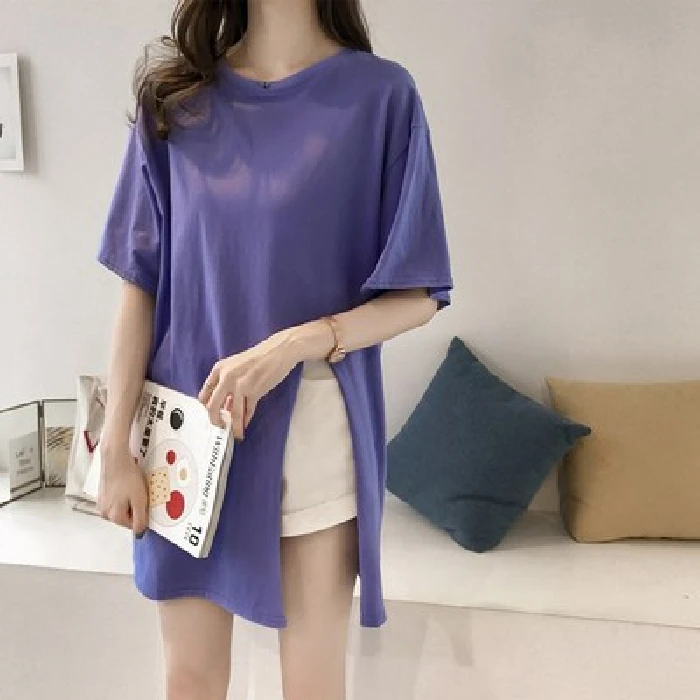 

XUXI Plus Size S-3XL Medium Long Split Half-sleeve Solid Color Bottoming Shirt Harajuku Summer Women New Fashion T Shirt FZ616