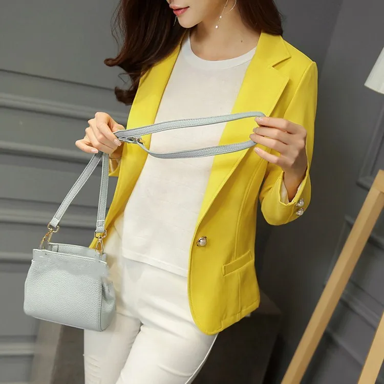 New Fashion Ladies Yellow/Black Slim Blazer Short Summer Simple Button Pockets Thin Casual Coats