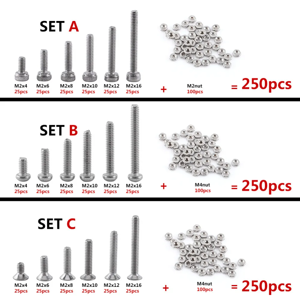 250 шт. винт с шестигранной головкой M2 Болт Винты с круглой головкой Шестигранная розетка нарезной болт гайка и набор болтов гайка кнопка