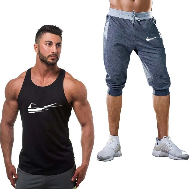 

New brand logo print Tank top+Shorts Two piece suit Brand Clothing Casual Gyms Men Sweatshirt Sportswear Fashion streetwear
