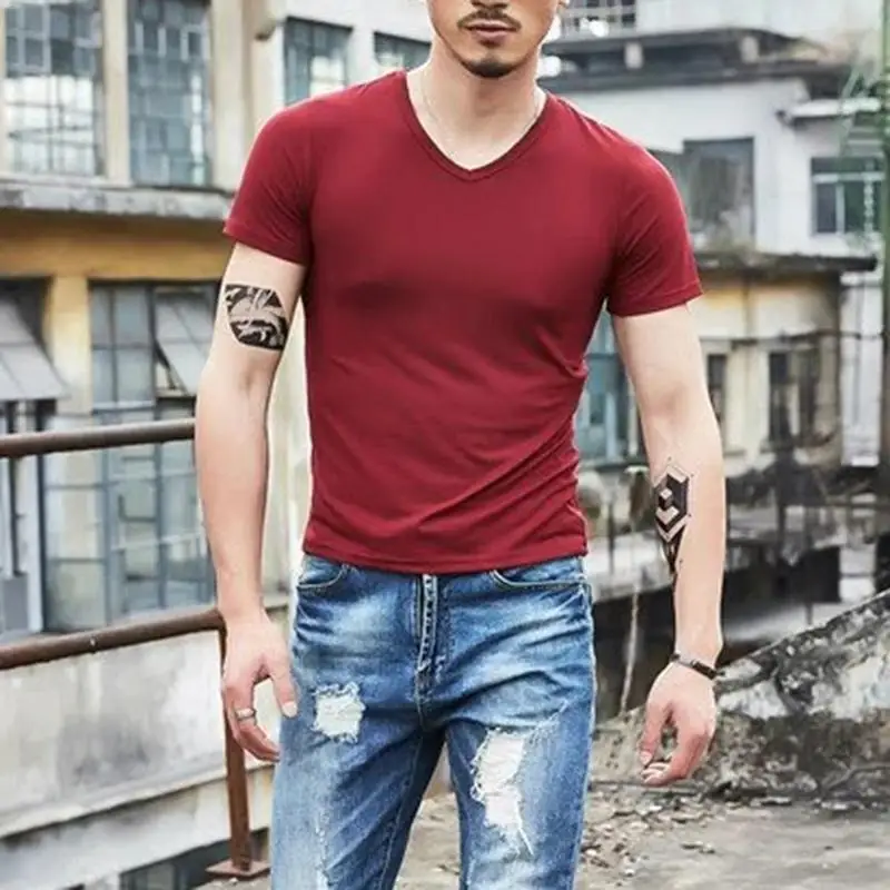 MR K Men Solid Color T Shirt Bottoming V Neck Leisure T-Shirt Fashion Slim Fit T-shirts Man Summer Short Sleeve Top Plus Size MR K Men Solid Color T Shirt Bottoming V Neck Leisure T-Shirt Fashion Slim Fit T-shirts Man Summer Short Sleeve Top Plus Size