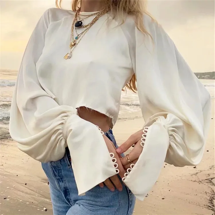 

DEAT 2019 Summer Sexy Punk Style Beige Long Lantern Sleeve Short Dew Navel Tops Loose Shirt Women ME295