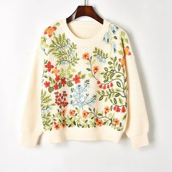 

Runway Hollow Out Winter Pullover Knit Sweaters 2018 Vintage Flora Embroidery Oversized Women Sweater Jumper sueter mujer