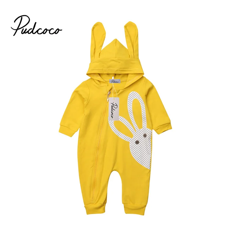 Fashion Rabbit Cartoon Print Hoodie Romper Baby Boys Girls Yellow sunny