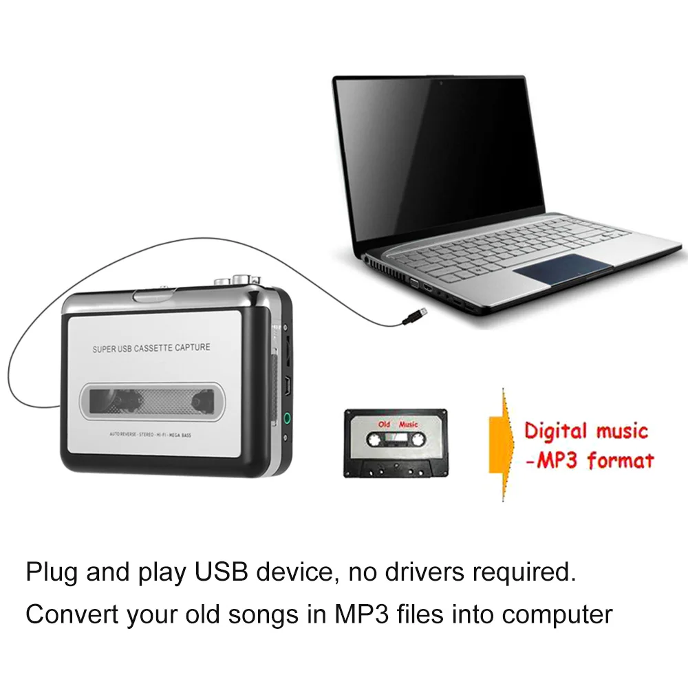 Ezcap USB Cassette Capture Audio Music Player Cassette Tape to MP3 Converter Convert into Computer Stereo HiFi Sound Mega Bass