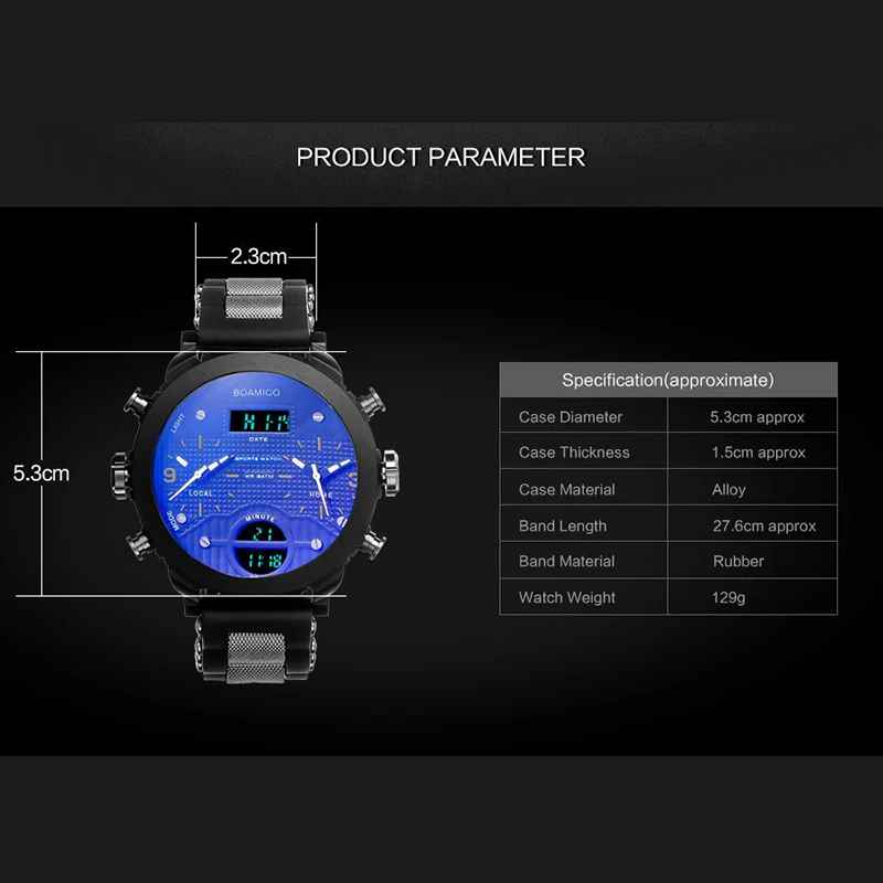 Спорт Boamigo Для мужчин Водонепроницаемый часы 3 часовой пояс спортивные часы мужской светодиодный цифровой Кварцевые наручные часы