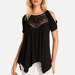 2019 летние женский, черный с открытыми плечами кружевное лоскутное нерегулярные подол рубашка свободная повседневная однотонная блуза