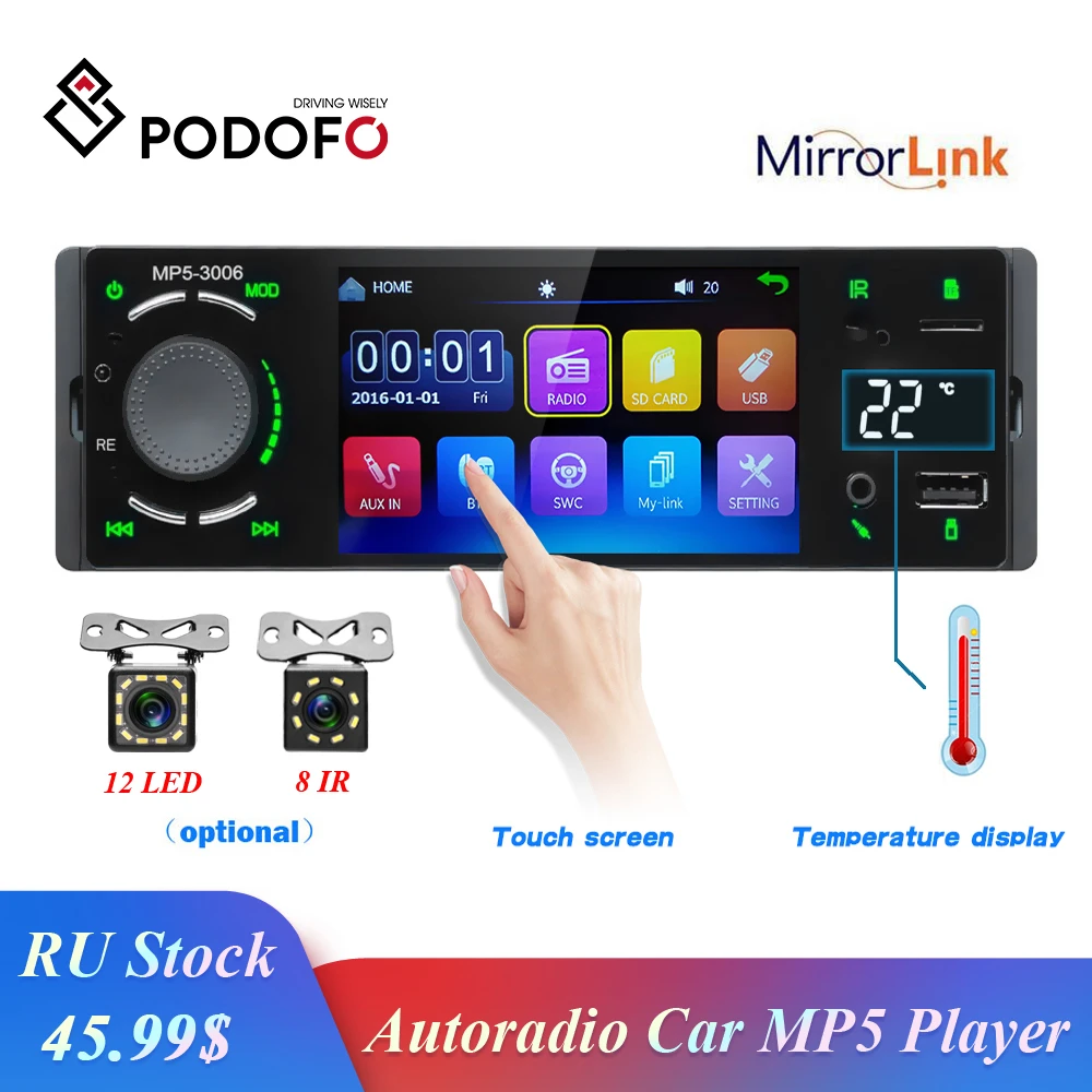 

Podofo Car Radio 4.1'' Touch Screen Audio Stereo Mirrorlink FM Receiver Bluetooth Auto Radio Built in Thermometer Display Player
