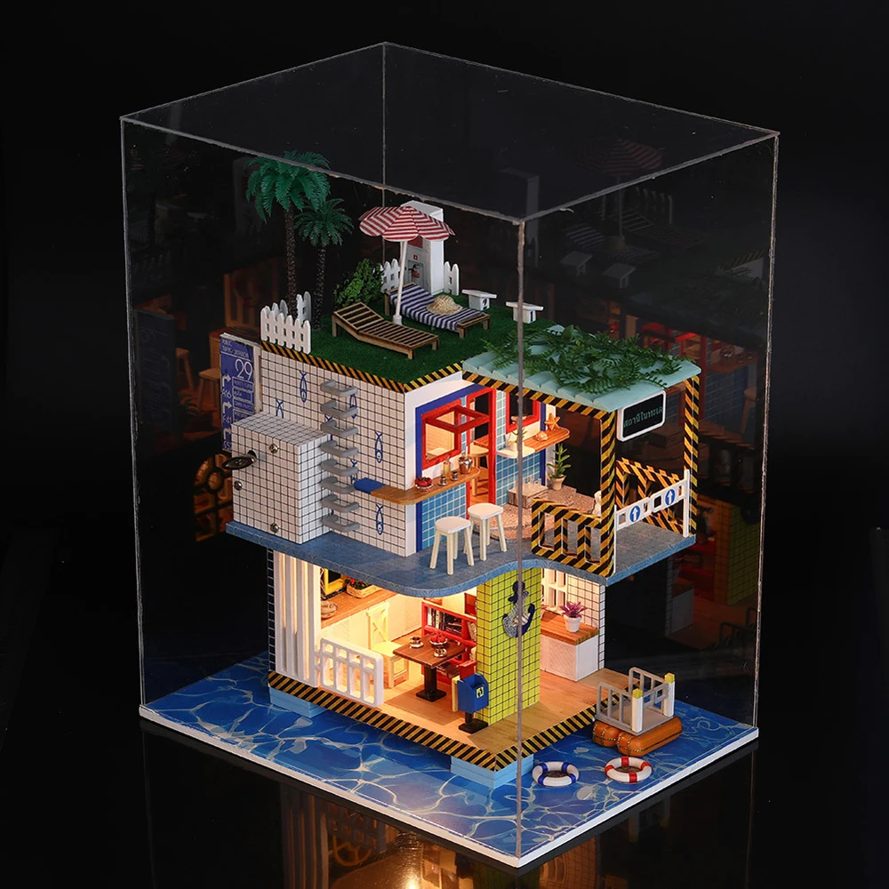 

2019 Miniature 3D Super Mini Size Plaything House Building Model Kits Wooden Furniture Toys DIY Dollhouse Blue and White Town