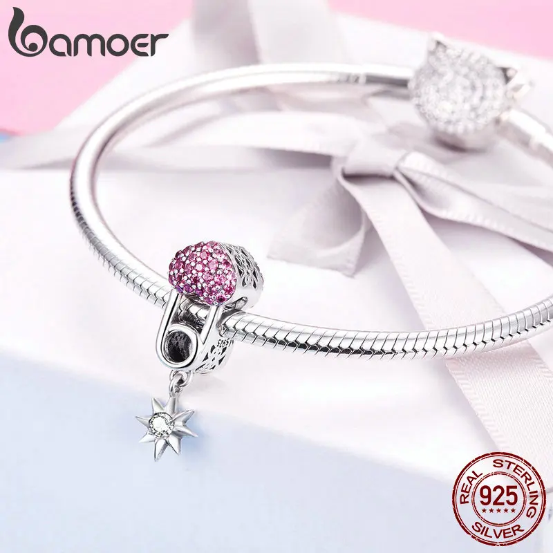 BAMOER Новая коллекция 925 пробы серебряный кулон в форме сердца розовый CZ талисманы подходят для женщин браслеты ожерелья ювелирные изделия SCC1130