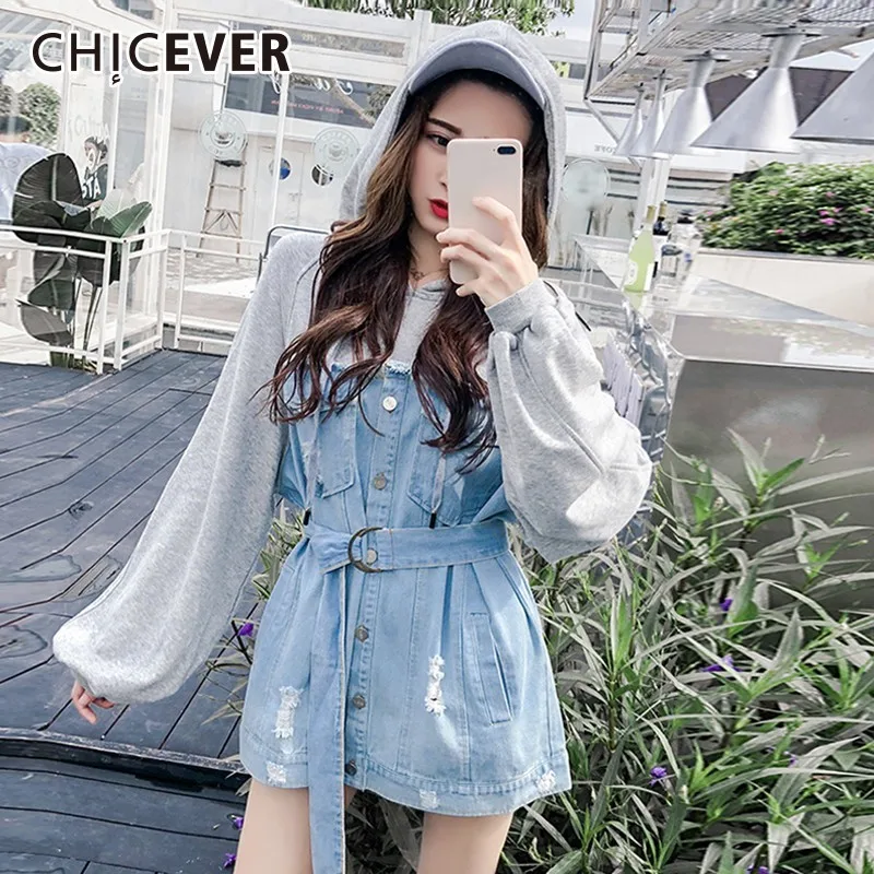 

CHICEVER 2019 Spring Patchwork Denim Women's Dresses Female Hooded Lantern Sleeve Adjustable Waist Mini Dress Korean Fashion New