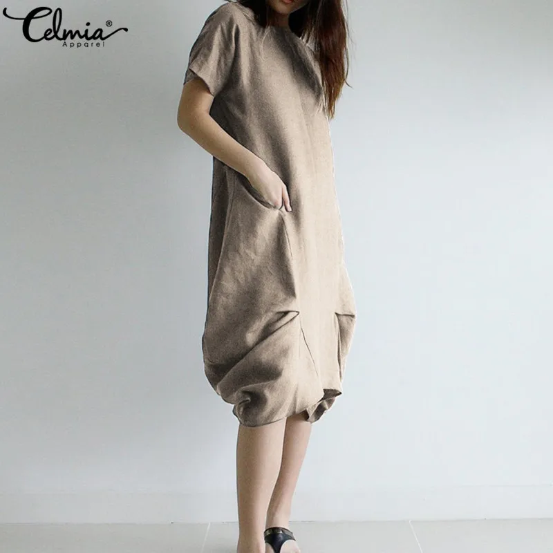 

Celmia Oversized Summer Dress 2019 Vintage Short Sleeve Irregular Hem Plus Size Shirt Sundress Pockets Baggy Casual Vestidos 5XL