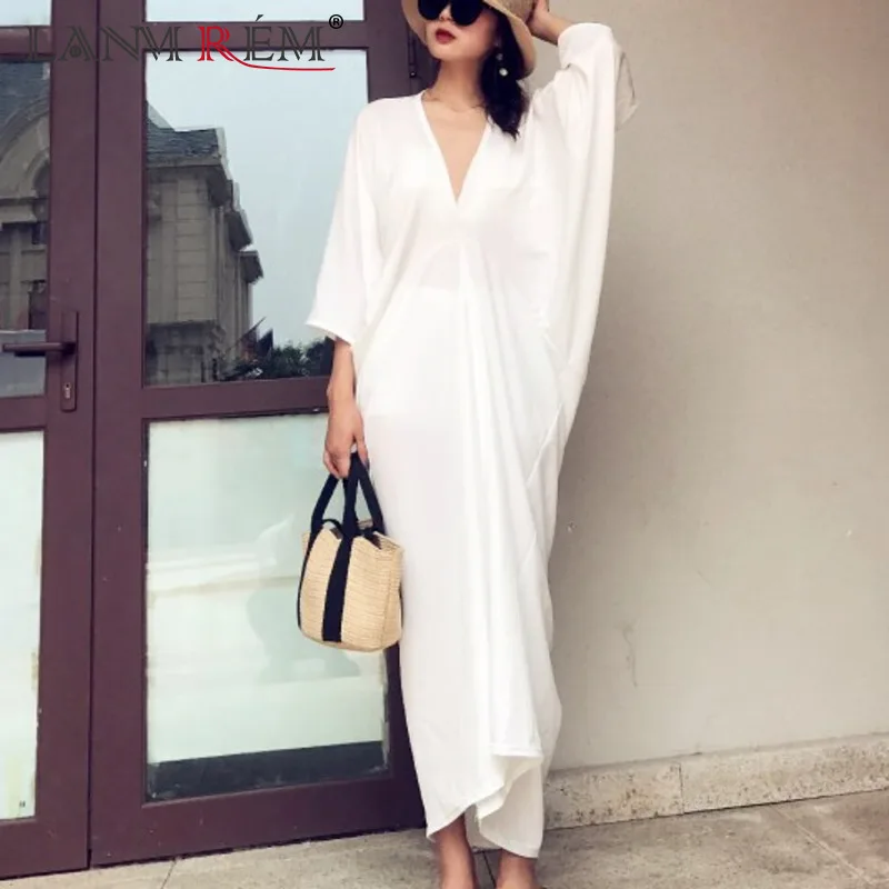 

LANMREM 2019 New Pattern New Pattern V-neck Three Quarter Batwing Sleeve Ankle-length Fold Ladies Fashion Oversize Dress BA670