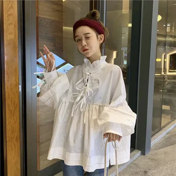 

New Arrival Europe Summer Casual Loose Blouse Fashion Women Full Sleeve Bow Solid Color Shirt