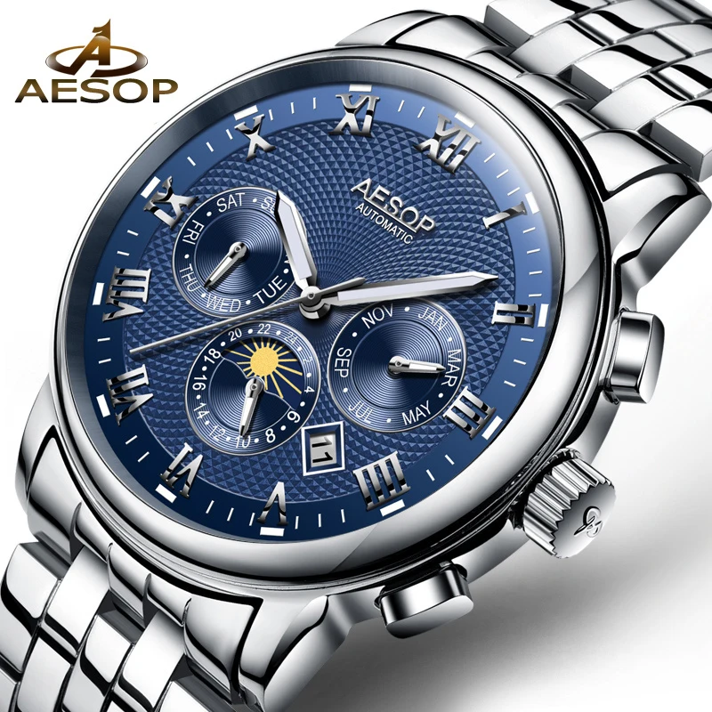 

Aesop Blue Men Watch Men Automatic Mechanical Wristwatch Wrist Stainless Steel Male Clock Relogio Masculino Hodinky 9016g