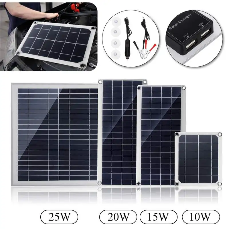 

solar panel 10/15/20/25W Double USB interface12V/5V Polysilicon silicon cell For Battery Cell Phone Chargers Cigarette Lighter