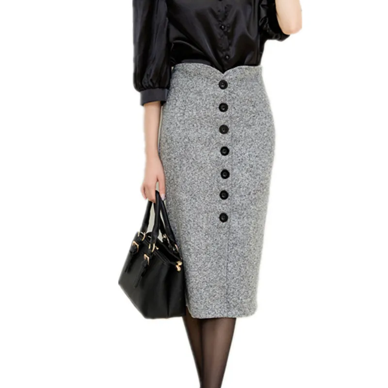 

Autumn and Winter Women High Waist Knee Length Pencil Skirt Female Woolen Single Breasted Midi saia office faldas mujer