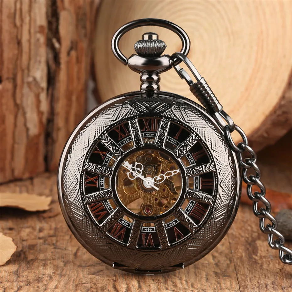 Steampunk Black Roman Numerals Mechanical Pocket Watch Vintage Exquisite Pendant for Men Hollow Hunter Luxury Hand-Wind | Наручные часы