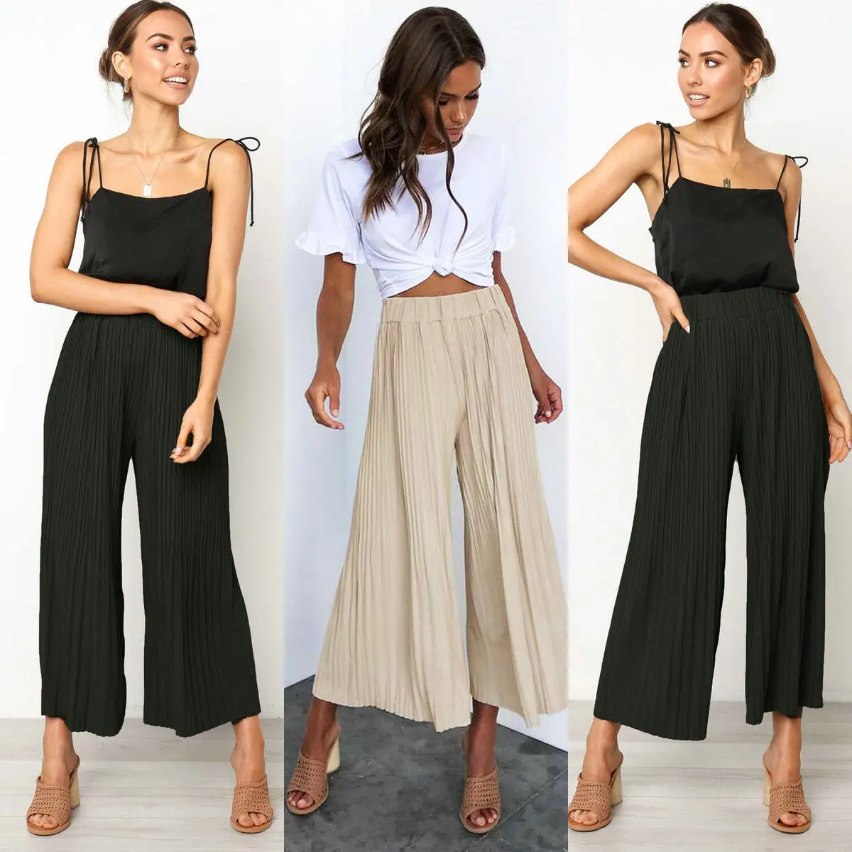 

Women Pleated Wide Leg Culottes Trousers Ladies Casual Flared Loose Harem Pants