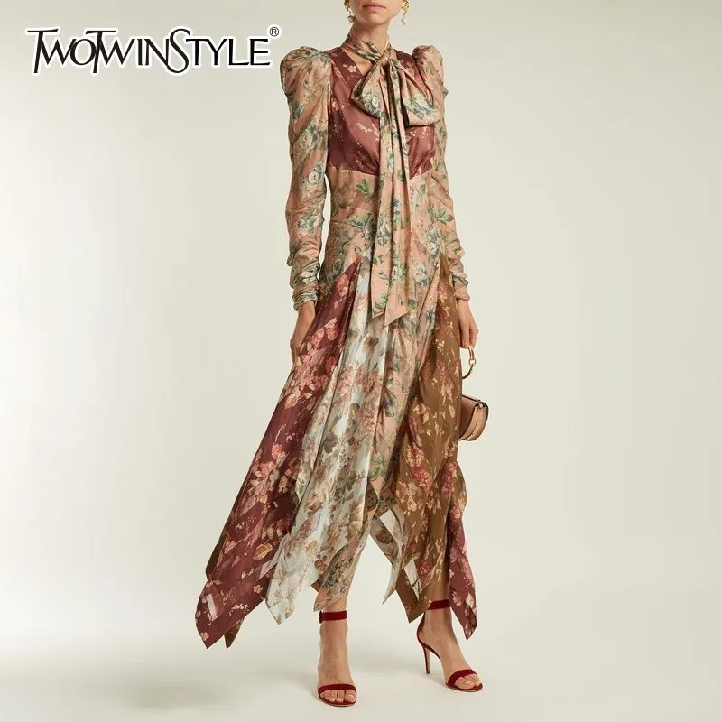

TWOTWINSTYLE Patchwork Hit Colors Dress Female Puff Long Sleeve High Waist Asymmetrical Print Dresses Women 2018 Autumn Fashion