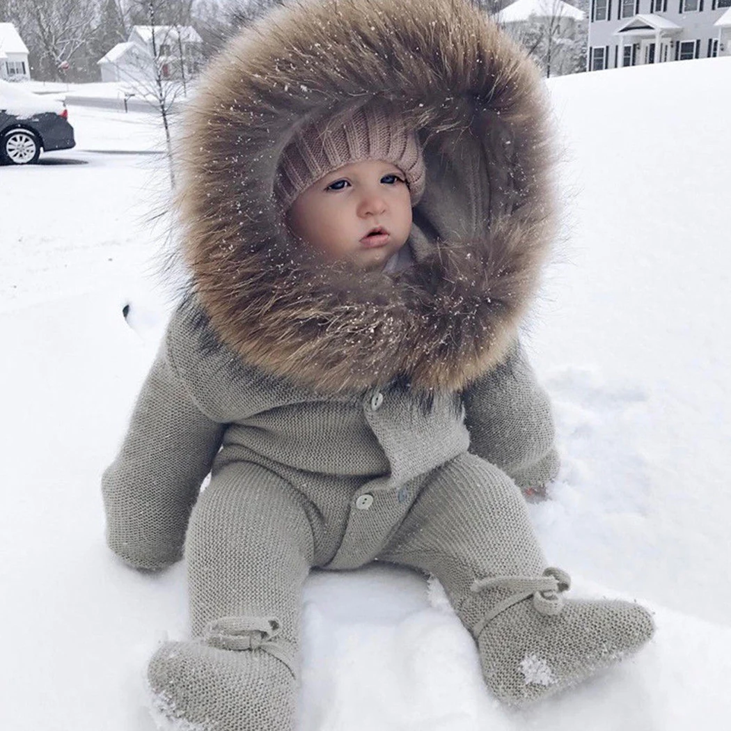 

New Infant Baby Rompers Winter Clothes Newborn Baby Boy Girl Knitted Sweater Jumpsuit Raccoon Fur Hooded Kid Toddler Outerwear