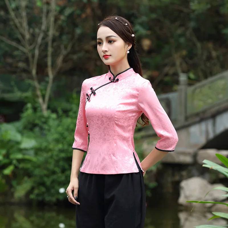 Ropa tradicional para mujer, camisa de estilo de hebilla oblicua, Jacquard Oriental, de algodón, Qipao, blusa Haut chois 3XL - AliExpress