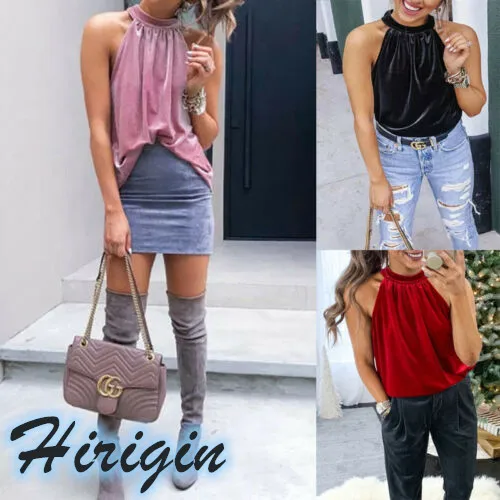 

Summer Women Tops New Sexy Womens Ladies Velvet Halter Neck Vest Sleeveless O-Neck Solid Casual Tops