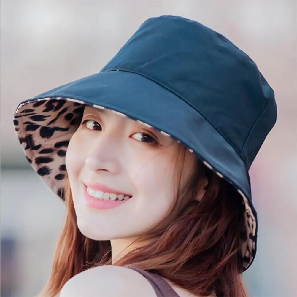 

MISSKY Women Caps Summer Leopard Printing Double Sided Sunscreen Bucket Hat
