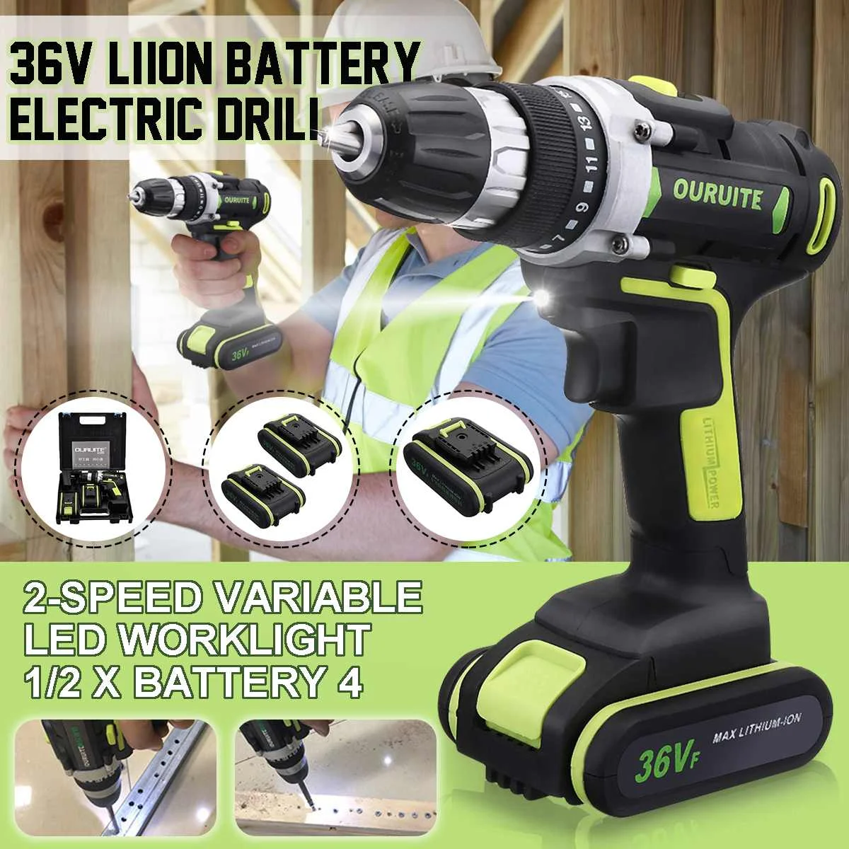 

36V Max Double Speed Household Power Tool Electric Screwdriver with LED Light Lithium Battery Cordless Drill for Woodworking