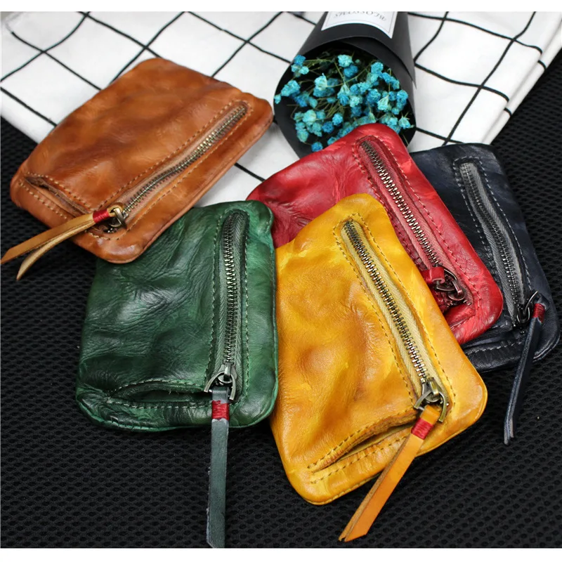 

Handmade retro men and women short wallet leather wallet mini small change purse head layer cow leather youth zipper wallet