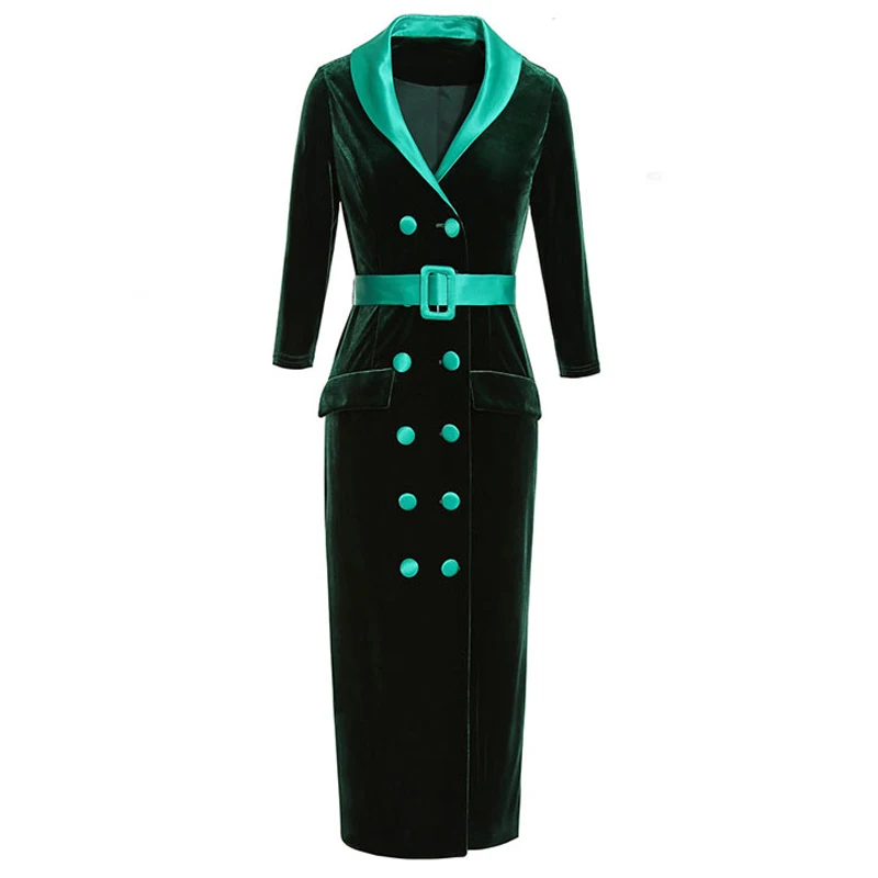

woman velvet dress spring 2019 green / black notched collar v neck double breasted button buckle belt midi bodycon pencil dress