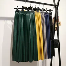 PEONFLY Искусственная кожа Юбки Для женщин модные элегантные длинные плиссированные юбки Для женщин Высокая Талия Pu Юбки Женский осень-зима